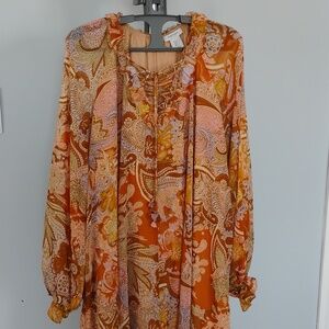 Haute Hippie Boho Paisley Print Long Sleeve Chiffon Main Character Dress. S